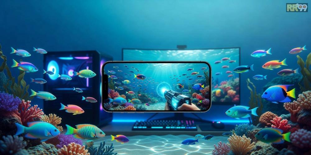 Minh họa khái niệm bắn cá online 69vn với giao diện game sống động và người chơi hứng thú